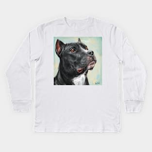 Painting of a Black Pit Bull Looking into the Horizon, on light Blue Yellow Background Kids Long Sleeve T-Shirt